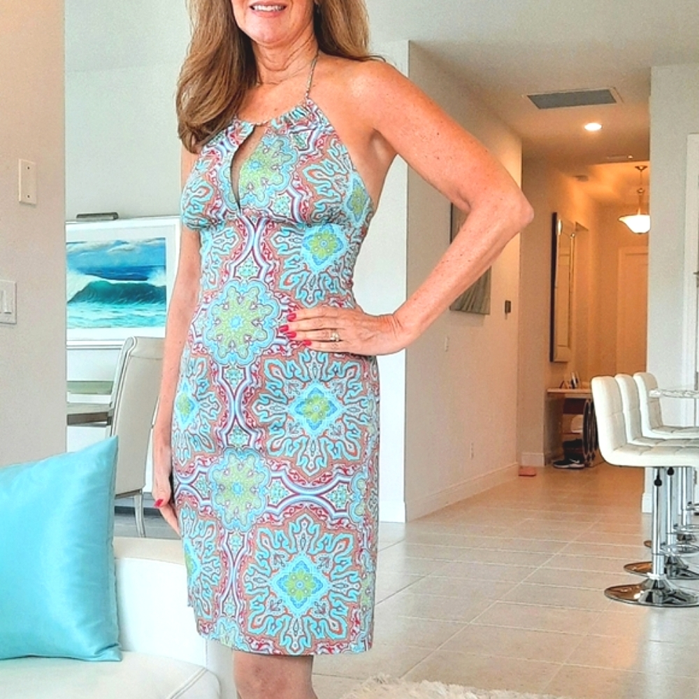 Trina Turk Geometric Kaleidoscope Halter Dress.